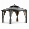 Pavillon de jardin en aluminium avec toit double et rideaux beige