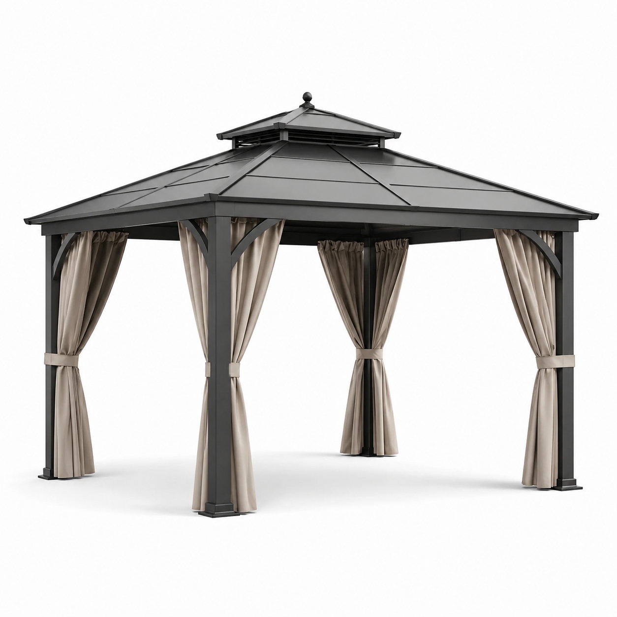 Pavillon de jardin en aluminium avec toit double et rideaux beige