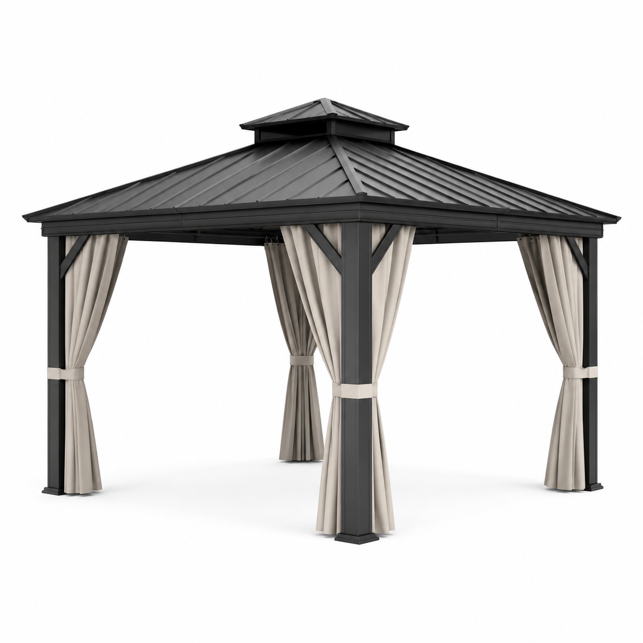 Pavillon extérieur en aluminium avec toit en acier et rideaux beiges