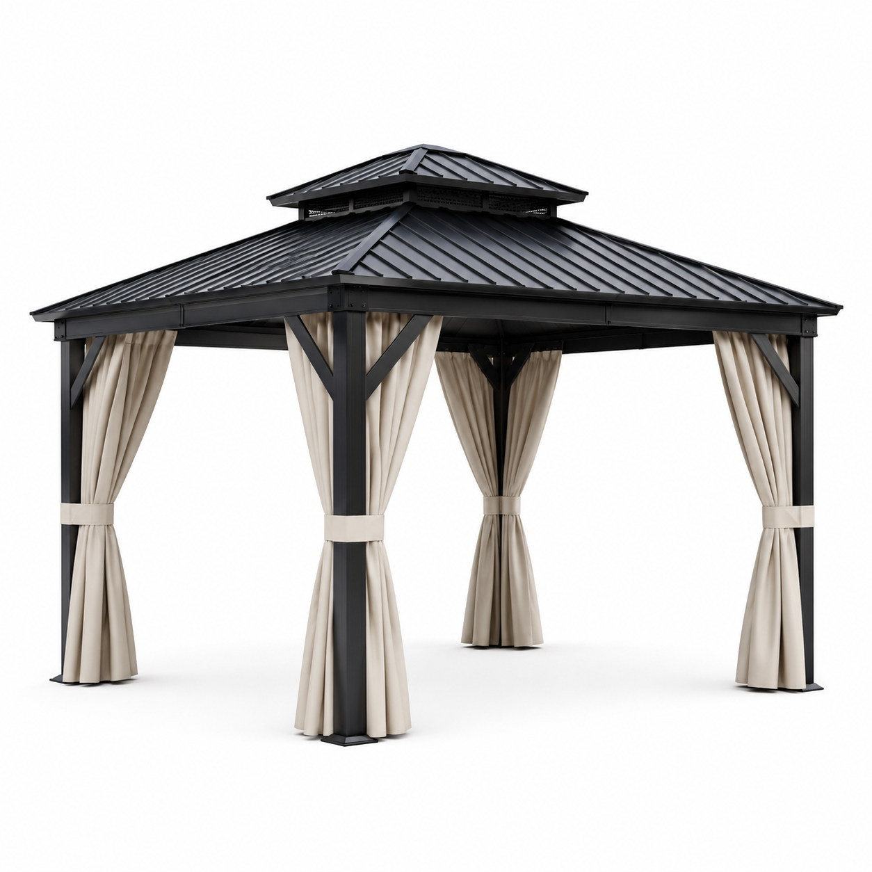Pavillon de Jardin en Aluminium et Acier avec Rideaux en Polyester 3x3 m Noir Beige