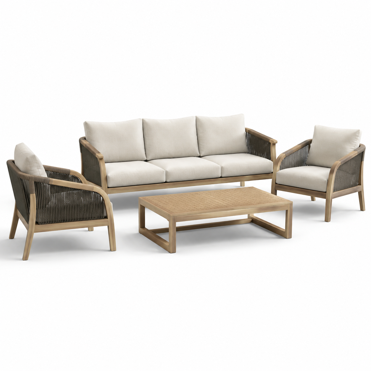 Ensemble de salon de jardin en bois et corde avec canapé trois places, fauteuils et table basse