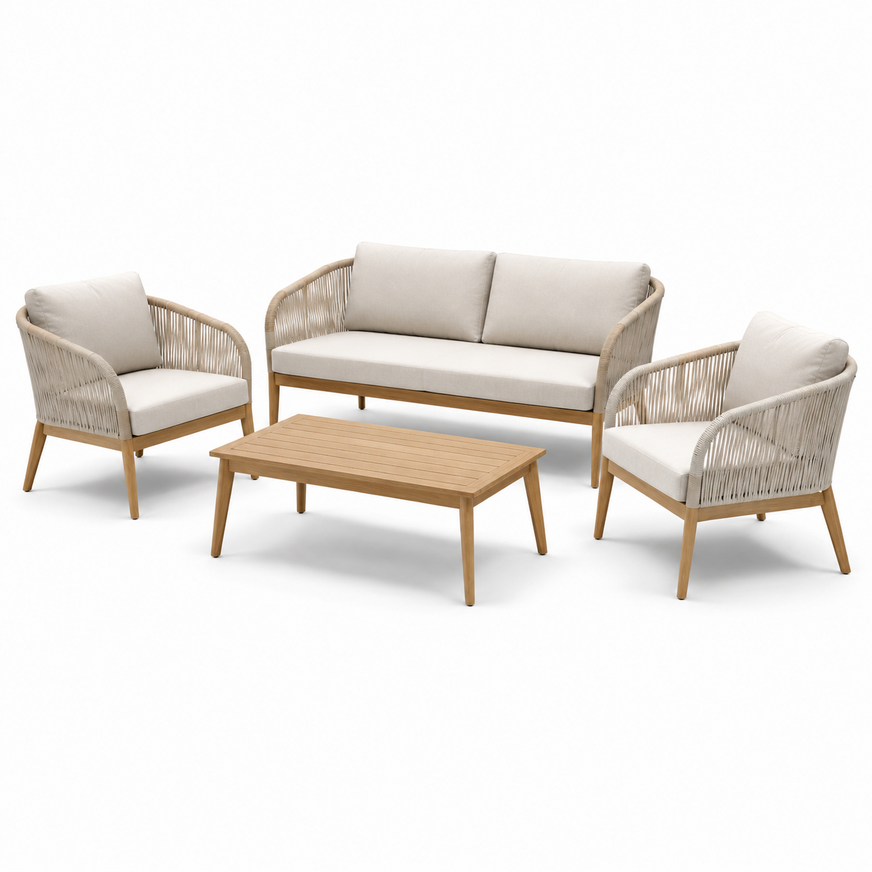 Ensemble de jardin en bois et corde avec coussins beige