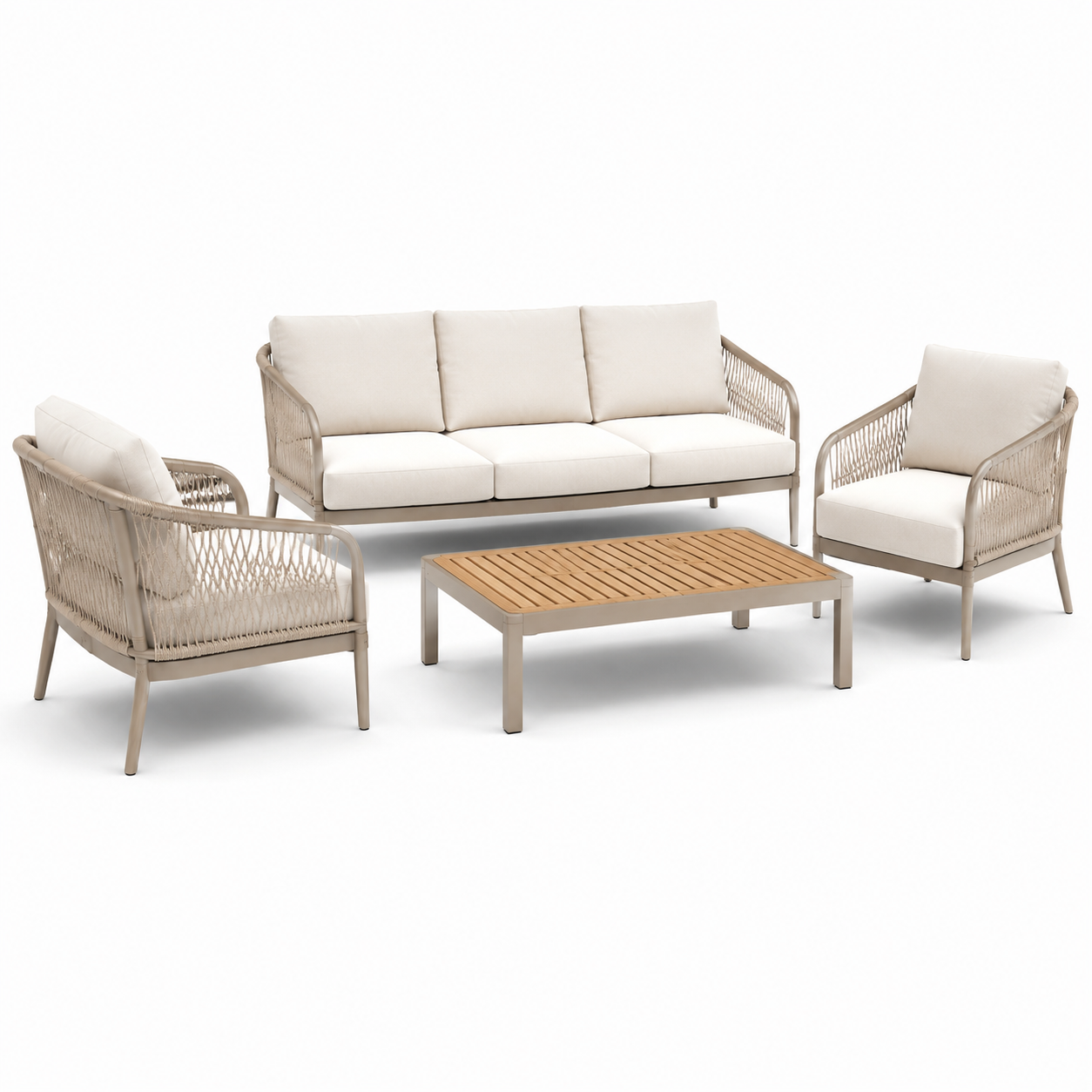 Ensemble de salon de jardin en aluminium et corde avec coussins crème et table en teck