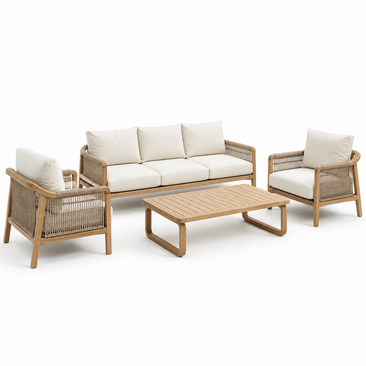 Ensemble de salon de jardin en bois et corde crème 4 pièces