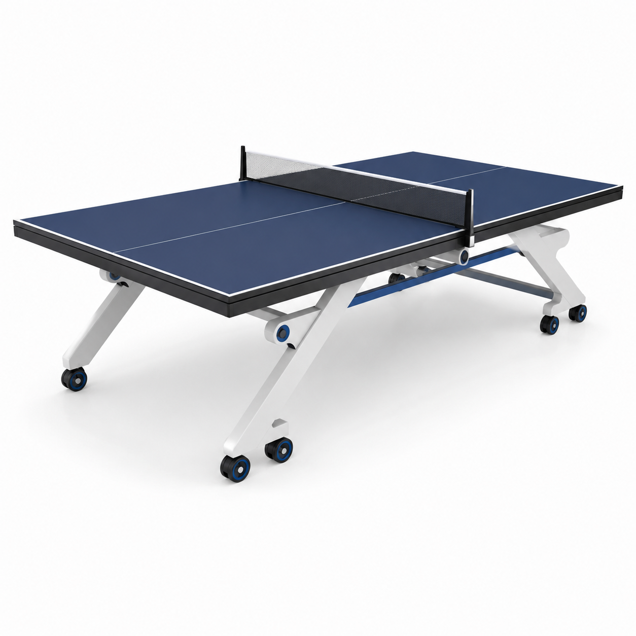 Table de ping-pong pliante avec roulettes et filet, surface en MDF bleu