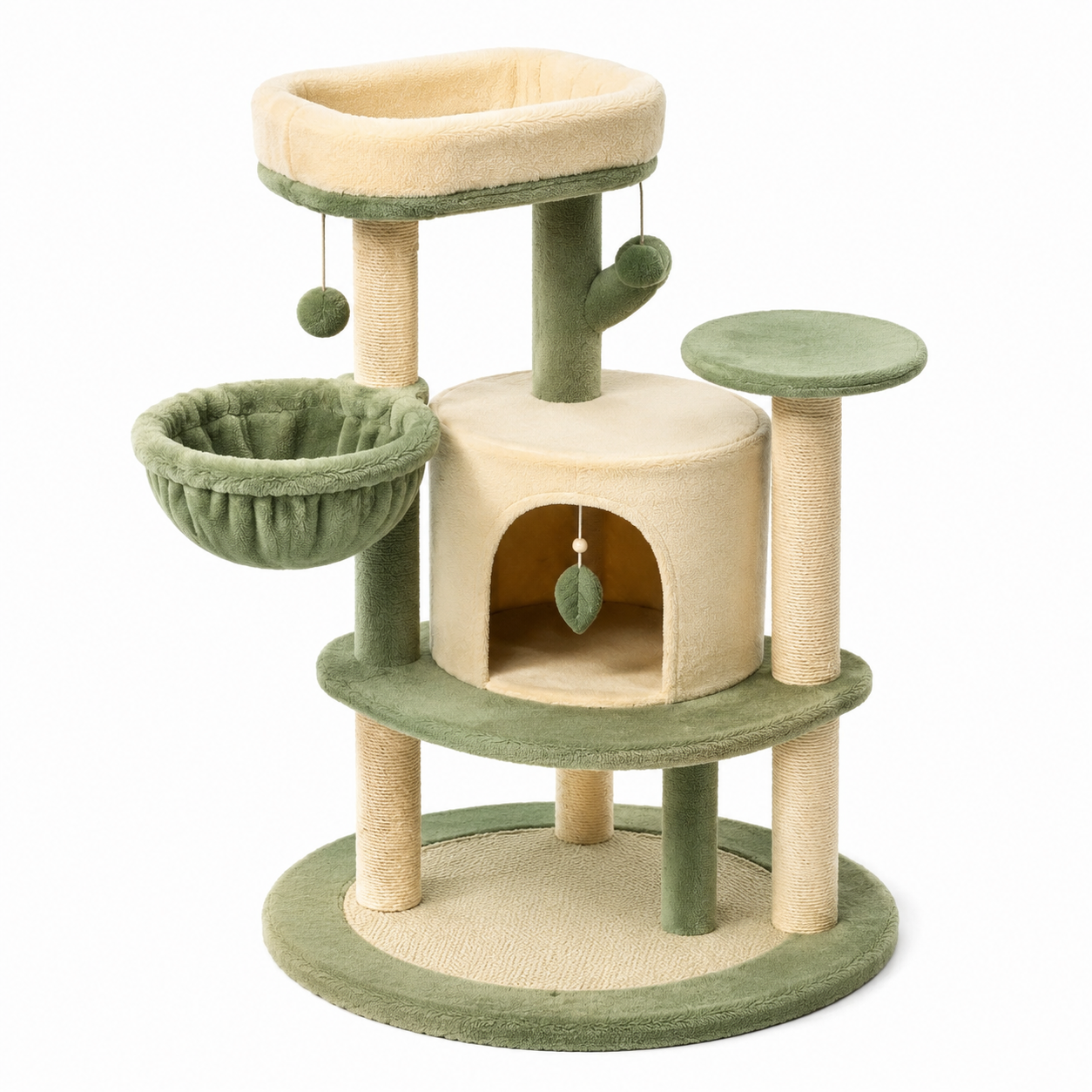 Arbre à chat en bois avec sisal et peluche beige et vert