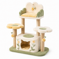 Arbre à chat en bois avec peluche jaune et verte