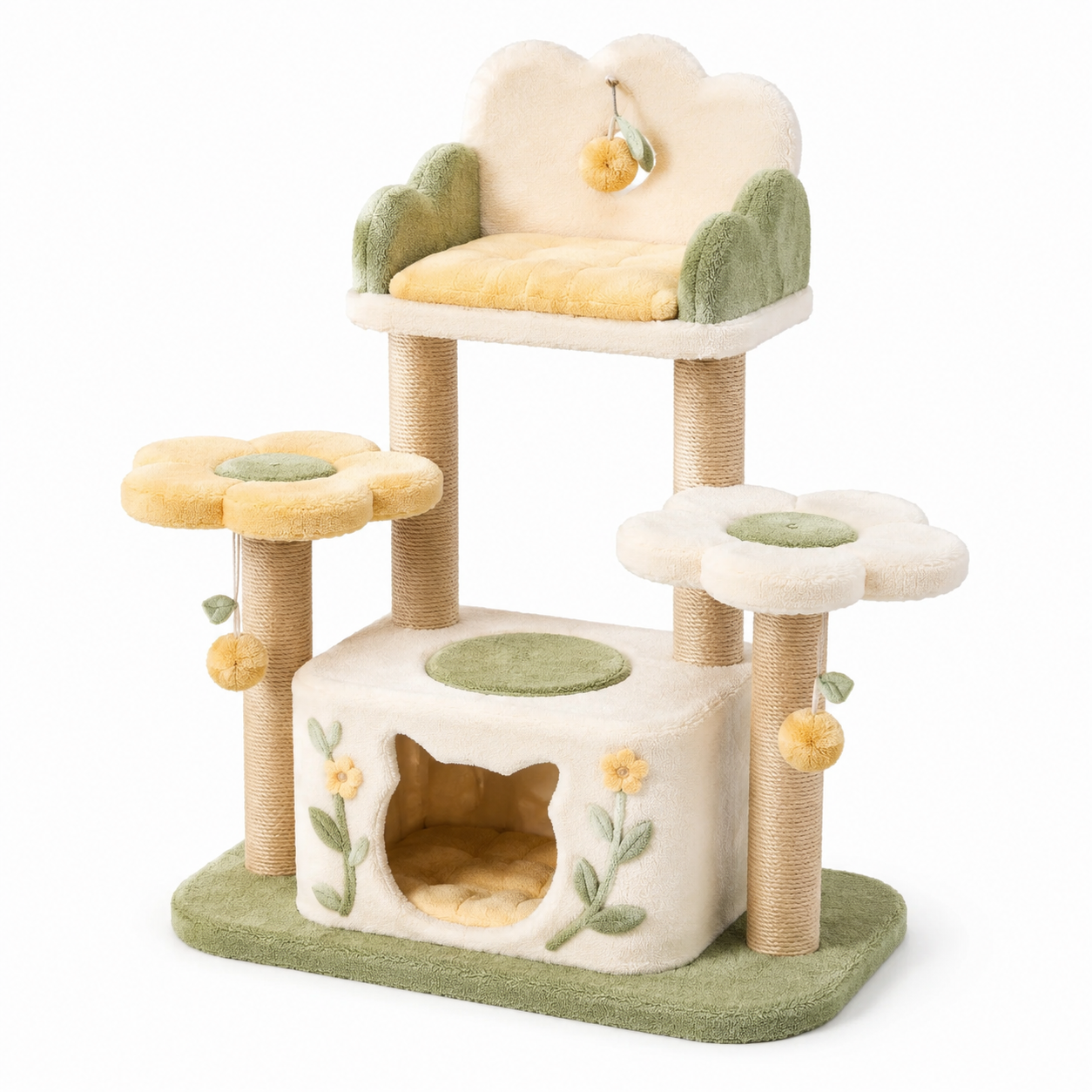 Arbre à chat en bois avec peluche jaune et verte