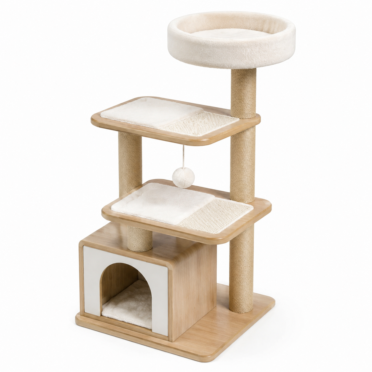Arbre à chat en bois avec plateformes et niche 120 cm beige