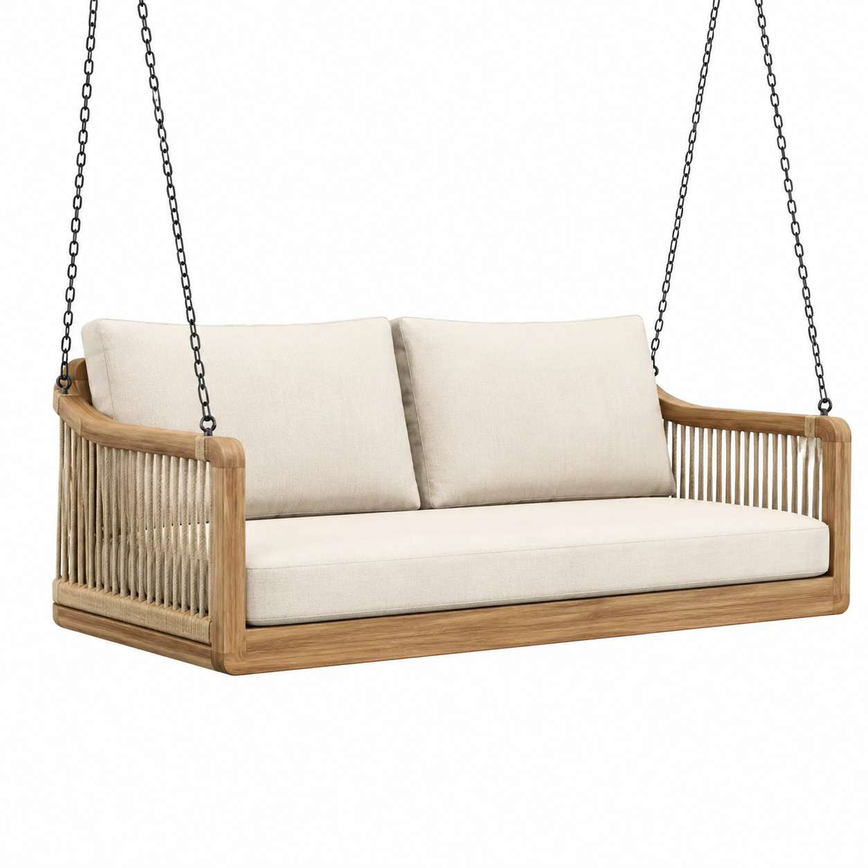 Balancelle en bois de teck avec coussins en polyester beige