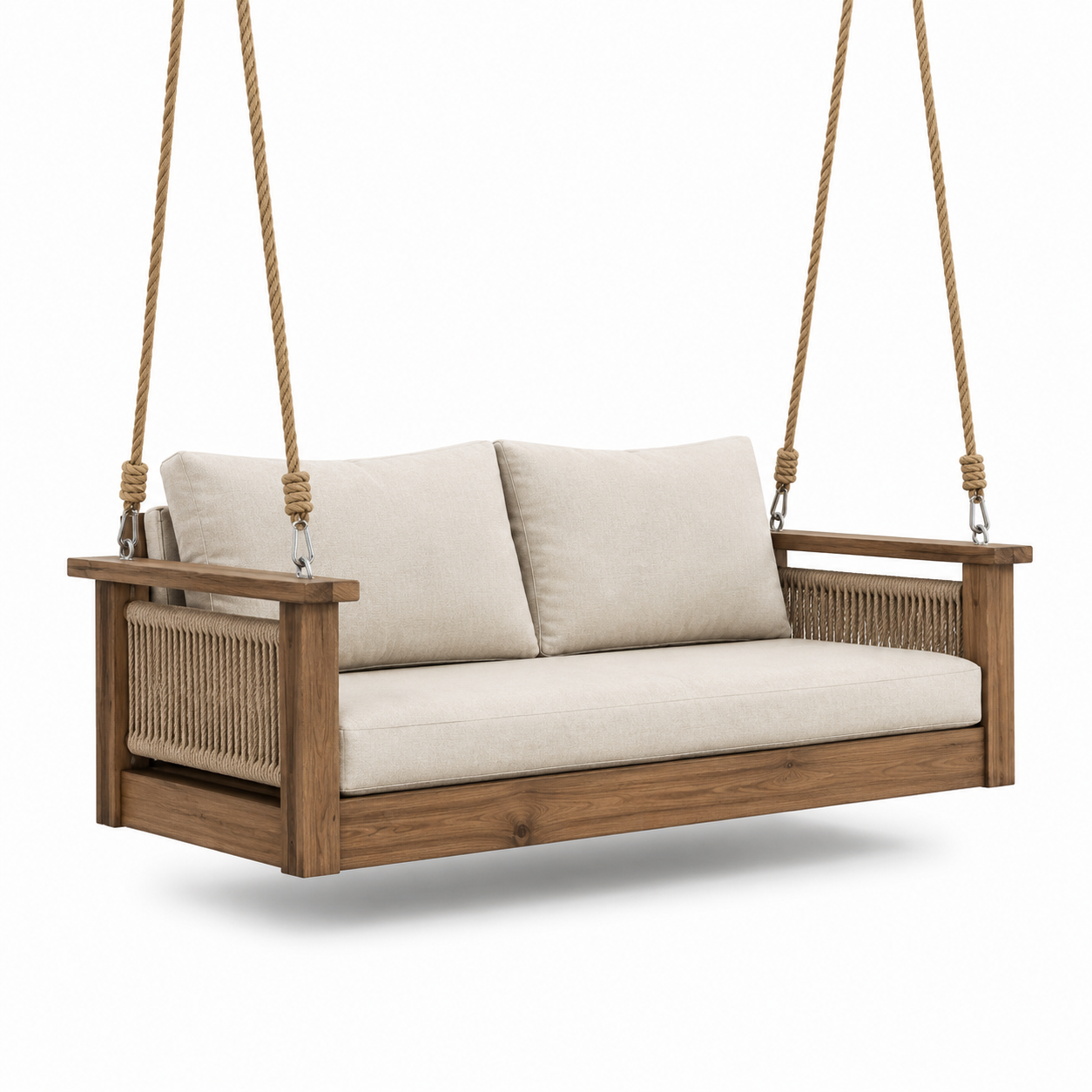Balancelle en bois massif avec coussins en lin beige