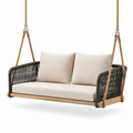 Balancelle suspendue en bois et corde avec coussins beige/noir