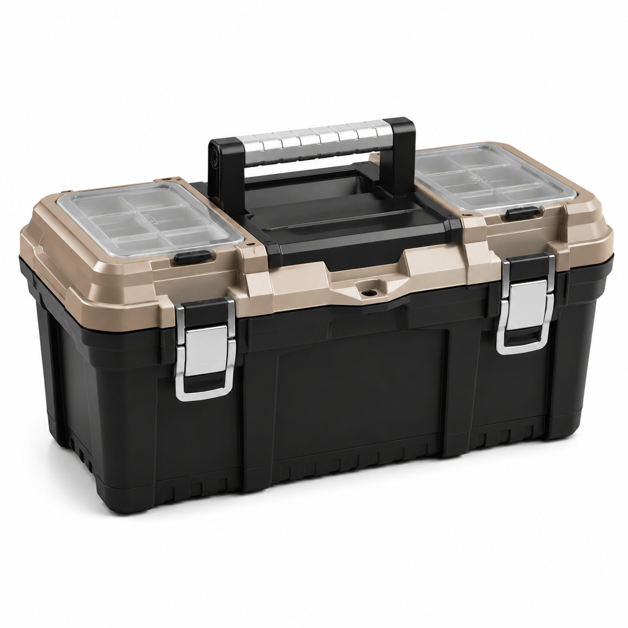 Boîte à outils en plastique noir et doré avec compartiments amovibles