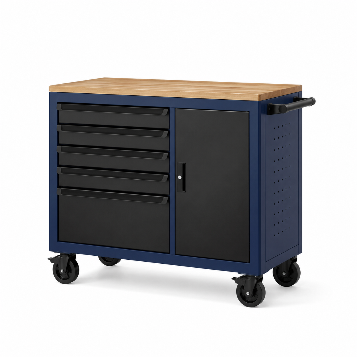 Chariot à outils en métal avec dessus en bois, 5 tiroirs, 1 armoire, roulettes