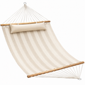 Hamac en toile rayée avec barres de bois et coussin beige 200x150 cm